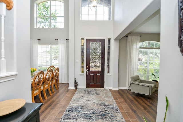 entrance foyer featuring dark wood-style flooring, a healthy amount of sunlight, baseboards, and a high ceiling