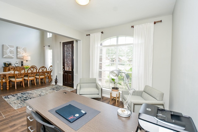 interior space with dark wood-style flooring