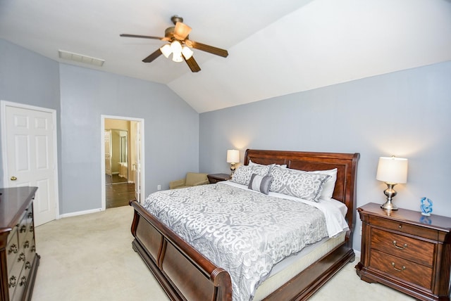 bedroom with lofted ceiling, visible vents, light carpet, ceiling fan, and baseboards