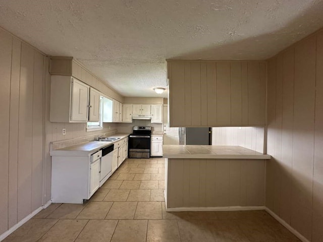 kitchen with white cabinetry, a textured ceiling, stainless steel electric stove, white dishwasher, and sink