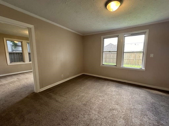 carpeted spare room with crown molding and a textured ceiling