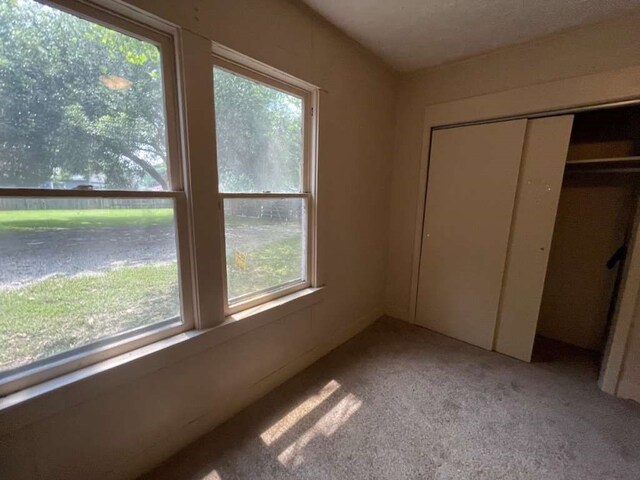 unfurnished bedroom with a closet and light colored carpet