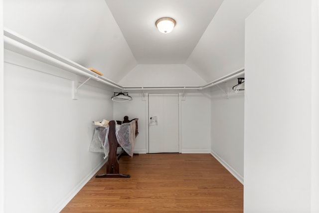 walk in closet with vaulted ceiling and wood finished floors