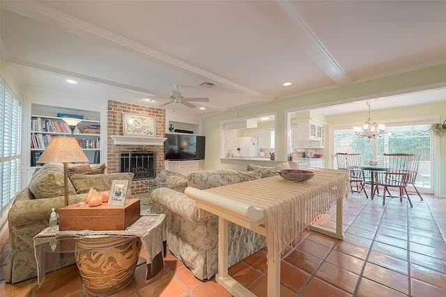 living room with brick wall, ceiling fan with notable chandelier, light tile patterned floors, a fireplace, and beamed ceiling