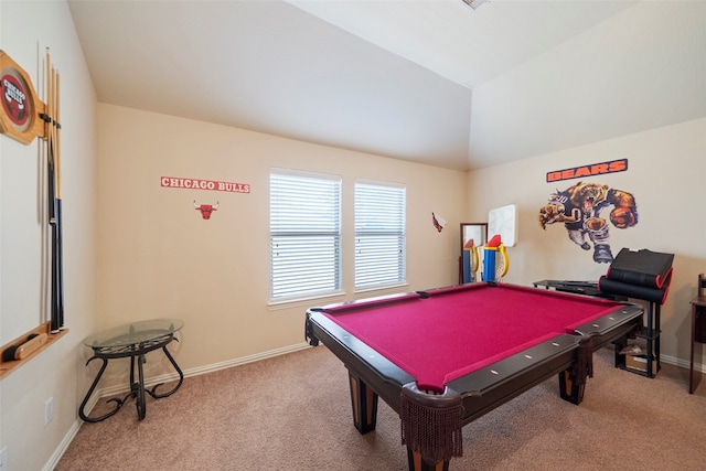 rec room with vaulted ceiling, pool table, and carpet floors