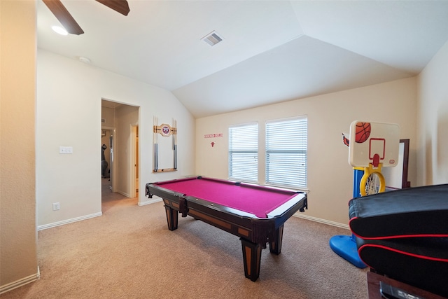 playroom featuring billiards, ceiling fan, lofted ceiling, and light colored carpet