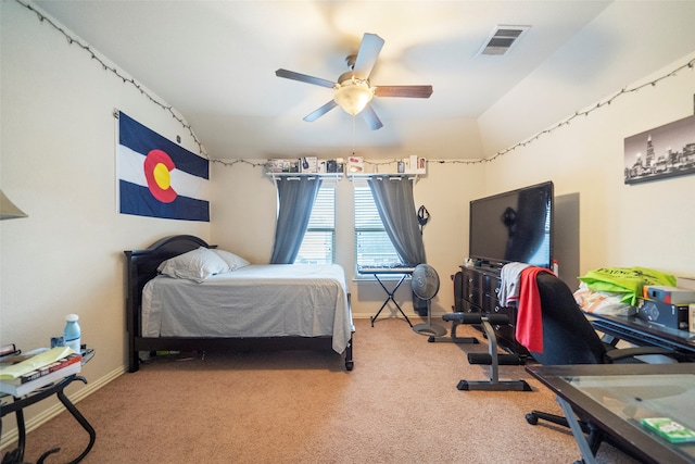 bedroom featuring ceiling fan and carpet floors