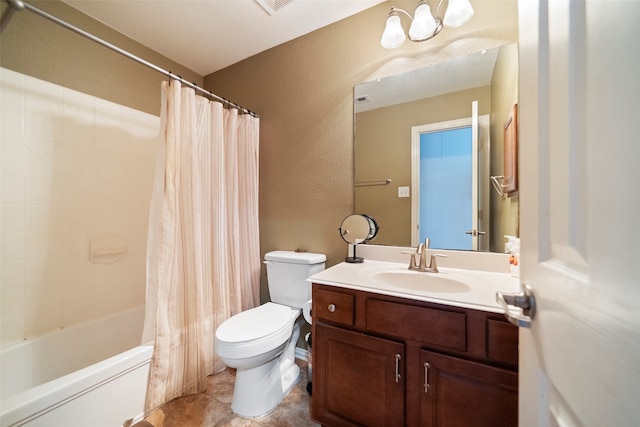 full bathroom featuring tile patterned flooring, vanity, shower / bathtub combination with curtain, and toilet