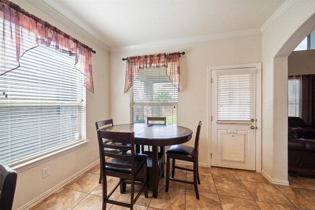 tiled dining room featuring plenty of natural light and ornamental molding