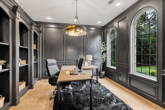 tiled office with crown molding and an inviting chandelier