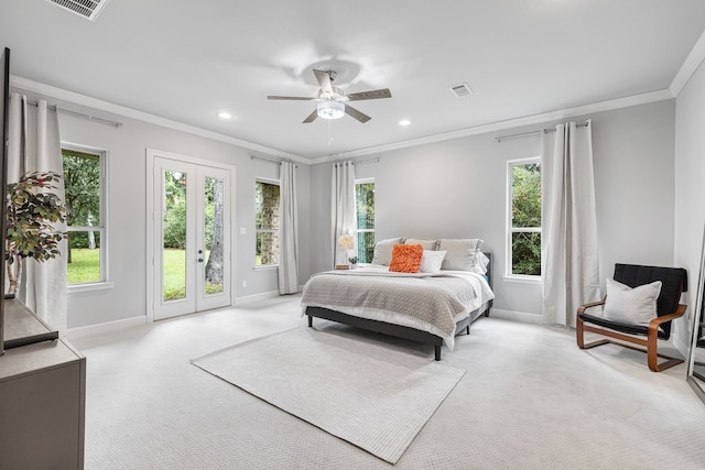 carpeted bedroom featuring ceiling fan, access to outside, and crown molding