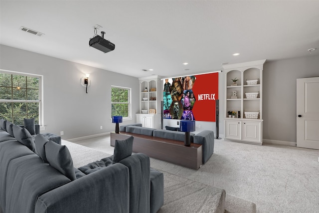 living room with light colored carpet