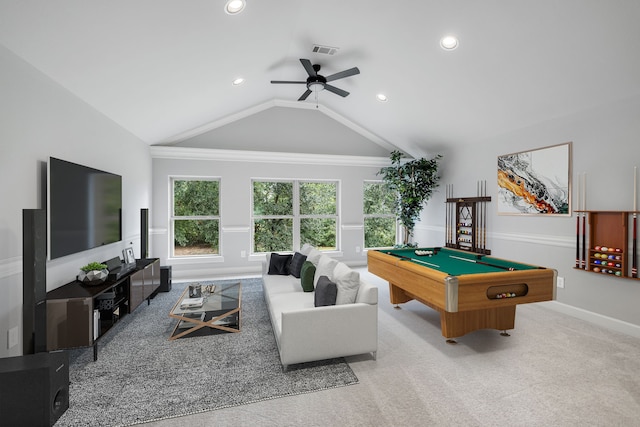 rec room featuring ceiling fan, billiards, light carpet, and lofted ceiling