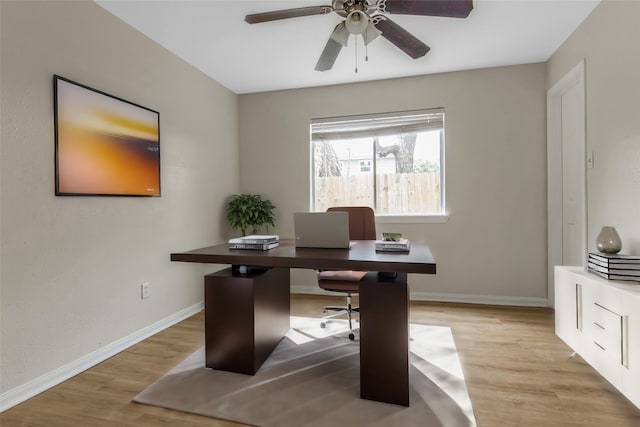 office with ceiling fan and light hardwood / wood-style floors