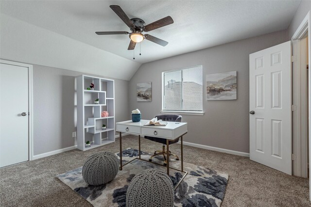 office area with ceiling fan, carpet, and lofted ceiling