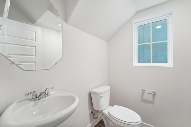 bathroom with sink, lofted ceiling, and toilet