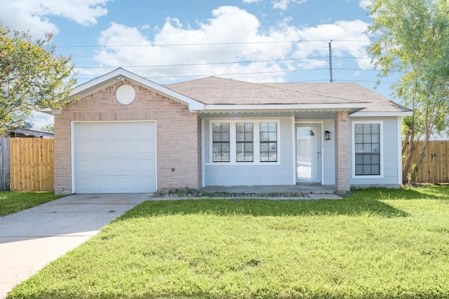 ranch-style house with a front yard and a garage