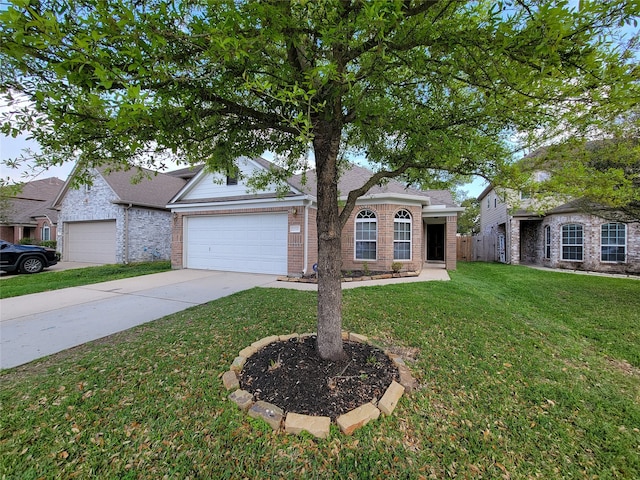 ranch-style home featuring a front yard and a garage