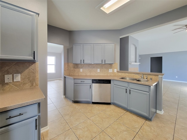 kitchen featuring decorative backsplash, stainless steel dishwasher, sink, and ceiling fan