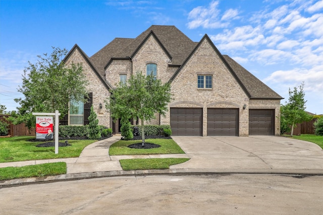 french country style house with a garage and a front lawn