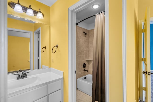 bathroom with tile patterned floors, vanity, and shower / bath combination with curtain