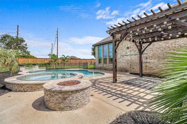 view of swimming pool featuring a pergola, a patio area, an in ground hot tub, and pool water feature