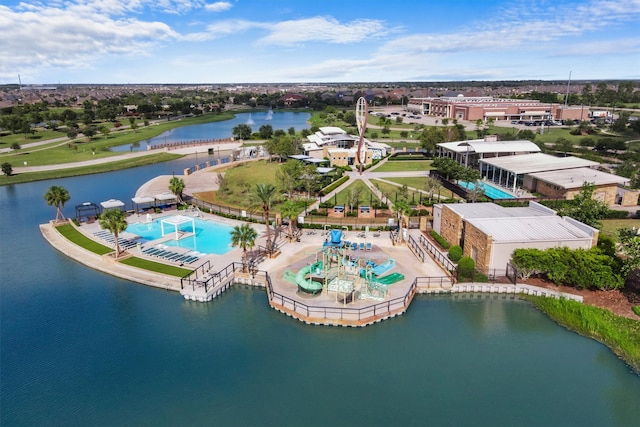 drone / aerial view with a water view