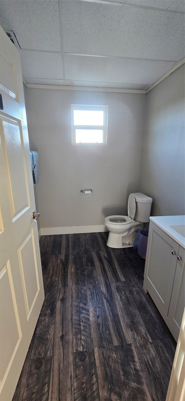 bathroom with a drop ceiling, toilet, vanity, and hardwood / wood-style flooring