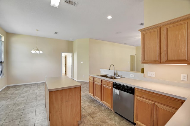 kitchen with a center island, sink, hanging light fixtures, stainless steel dishwasher, and a chandelier