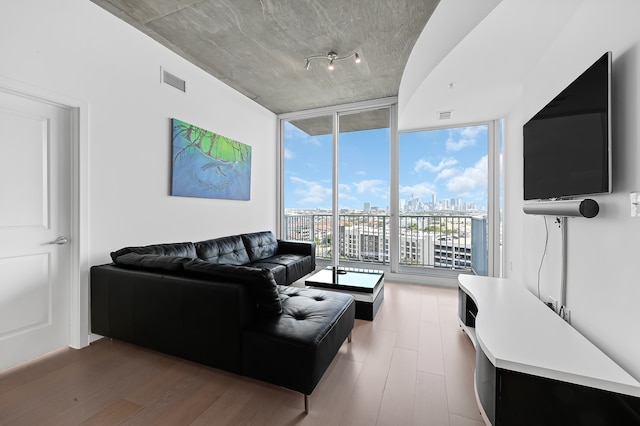 living room with rail lighting, light hardwood / wood-style floors, and floor to ceiling windows