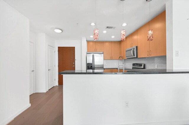 kitchen with light hardwood / wood-style flooring, tasteful backsplash, hanging light fixtures, appliances with stainless steel finishes, and kitchen peninsula