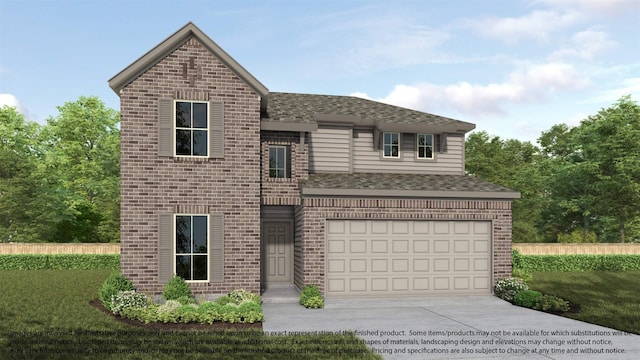 traditional-style home with a garage, brick siding, a shingled roof, concrete driveway, and a front lawn