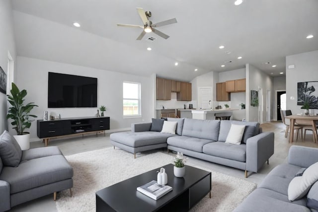 22022 Villa Terrace Dr, Hockley, TX 77447 - living room with ceiling fan, high vaulted ceiling, and light hardwood / wood-style flooring