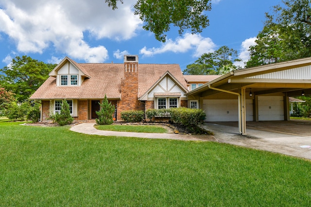 view of front of house with a front yard, a garage, and a carport