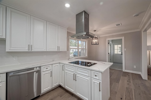 kitchen featuring stainless steel dishwasher, island exhaust hood, kitchen peninsula, black electric stovetop, and white cabinets