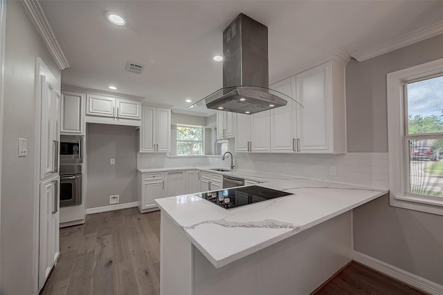 kitchen with white cabinetry, kitchen peninsula, island range hood, and appliances with stainless steel finishes