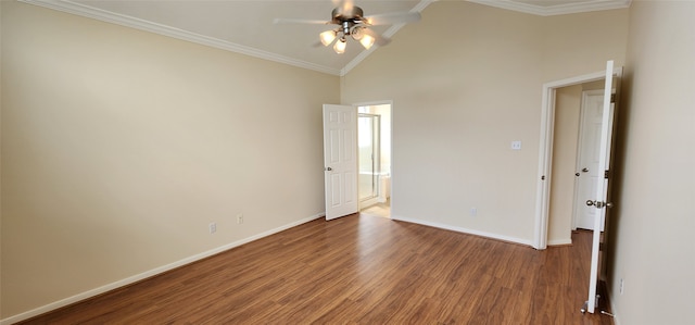 spare room featuring ceiling fan, ornamental molding, hardwood / wood-style floors, and high vaulted ceiling