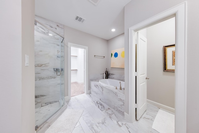 bathroom with a marble finish shower, baseboards, visible vents, marble finish floor, and a bath