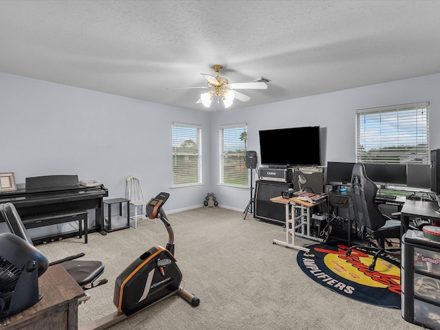 carpeted office space with a wealth of natural light, a textured ceiling, and ceiling fan