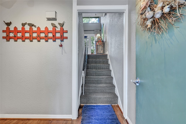 stairs featuring hardwood / wood-style floors