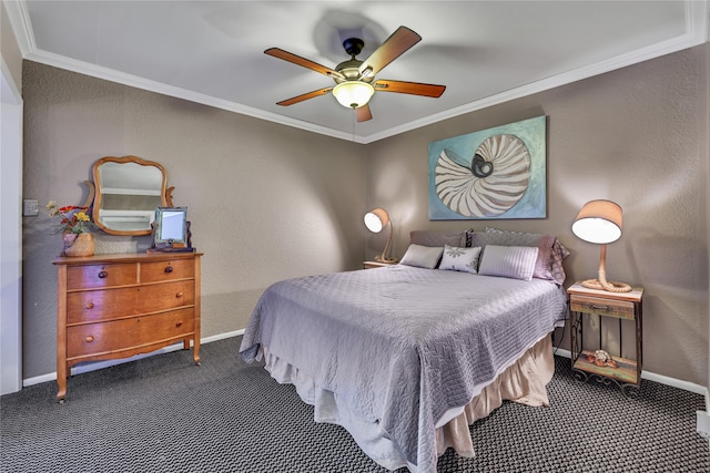 bedroom featuring carpet floors, ceiling fan, and ornamental molding