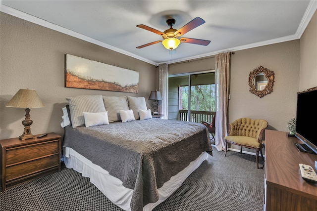 carpeted bedroom with ceiling fan, access to outside, and crown molding