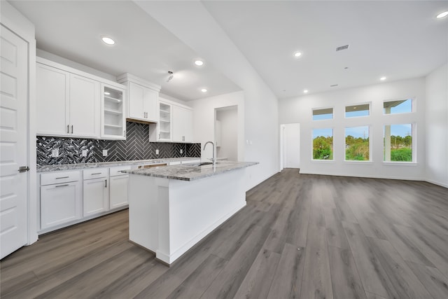 kitchen featuring light stone counters, sink, a kitchen island with sink, dark hardwood / wood-style floors, and white cabinetry