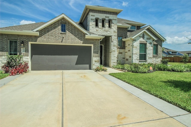 view of front facade featuring brick siding, a front yard, a garage, stone siding, and driveway