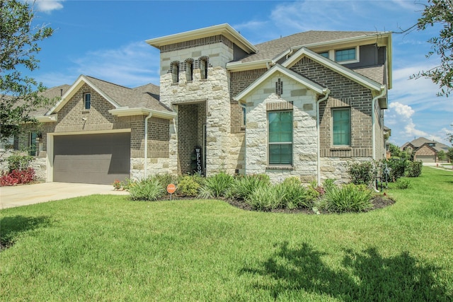 view of front of property with an attached garage, stone siding, and a front lawn