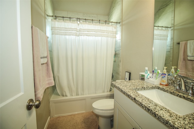 full bathroom featuring toilet, vanity, and shower / bathtub combination with curtain