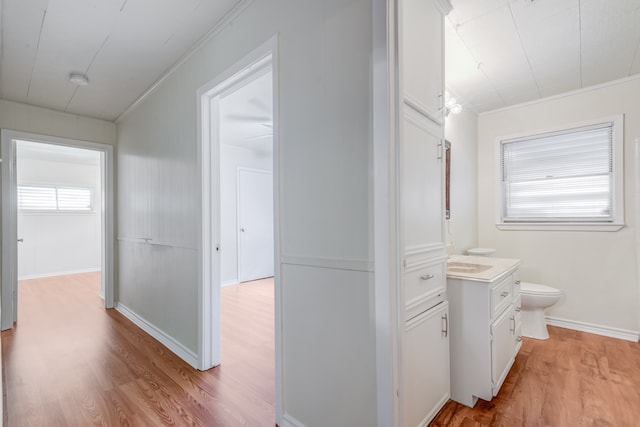 corridor featuring light wood-type flooring and ornamental molding