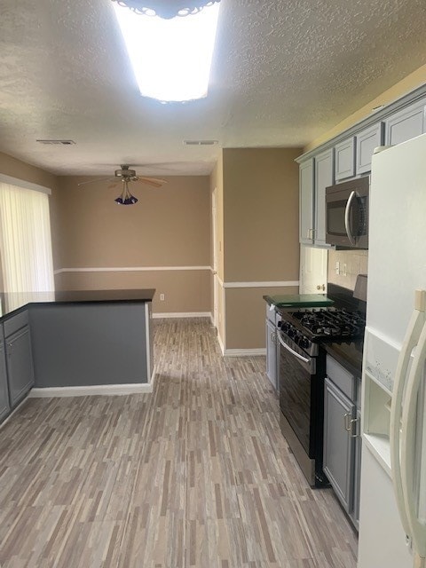 kitchen with ceiling fan, light hardwood / wood-style flooring, appliances with stainless steel finishes, and gray cabinets