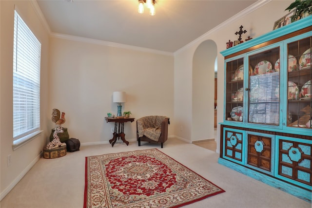 sitting room with light carpet and crown molding