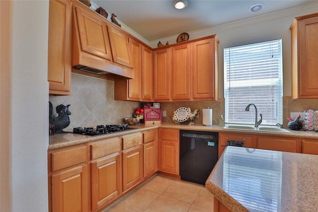 kitchen with light tile patterned floors, sink, tasteful backsplash, and black appliances